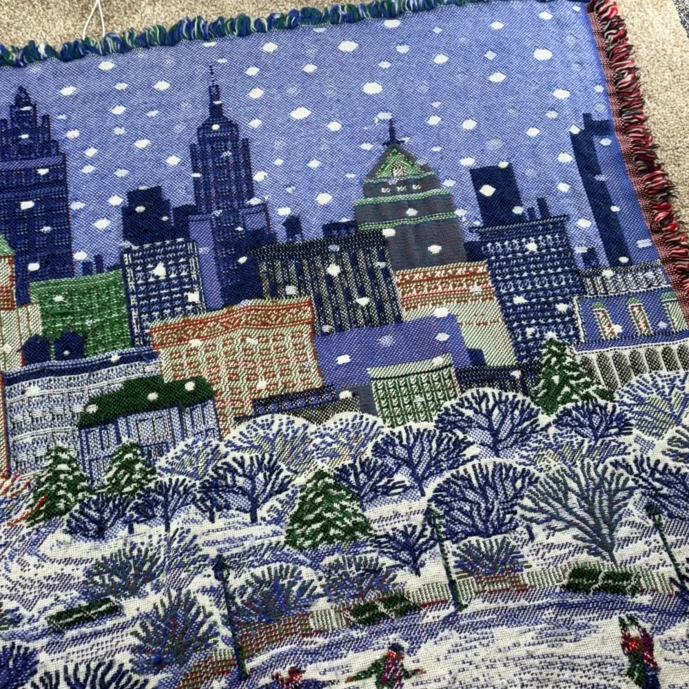 Reversible Cityscape Woven Tapestry Throw Blanket Summer Winter Park 48x44 VTG